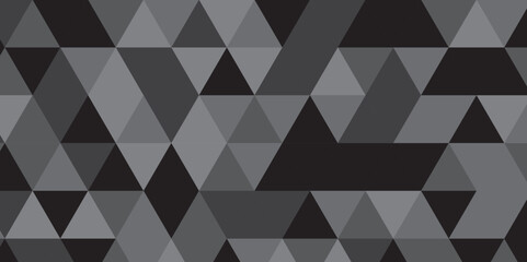 	
Abstract geometric black and gray background seamless mosaic and low polygon triangle texture wallpaper. Triangle shape retro wall grid pattern geometric ornament tile vector square element.