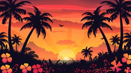 Fototapeta na wymiar Silhouette palm trees and tropical blooms against a vibrant sunset sky.