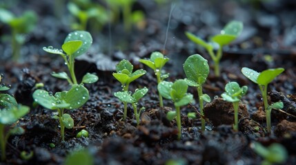 A close-up shot of tiny seedlings pushing through moist soil after a spring rain shower. 
