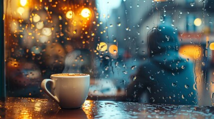 A cozy coffee shop window with warm light spilling out onto a rainy street. A person sits inside with a steaming cup, peering out through the rain-streaked glass. - 778620166