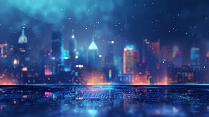 A futuristic cityscape with a bokeh effect and holographic neon lights, ideal for a modern banner with blank space - obrazy, fototapety, plakaty