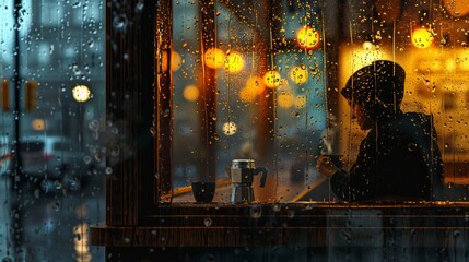 A cozy coffee shop window with warm light spilling out onto a rainy street. A person sits inside with a steaming cup, peering out through the rain-streaked glass. - obrazy, fototapety, plakaty