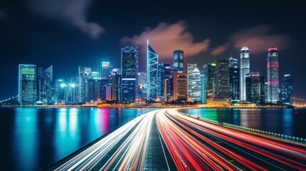 A long exposure shot capturing the bustling cityscape at night 