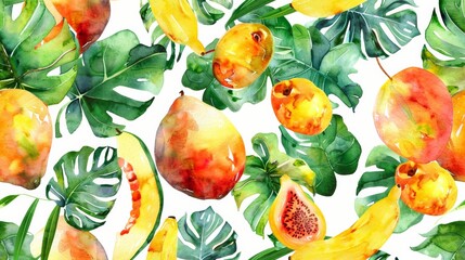 Fototapeta premium A vibrant watercolor pattern featuring tropical leaves interwoven with exotic fruits like mangoes and papayas 