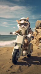 Fototapeta na wymiar A cat Riding an electric bike at the beach