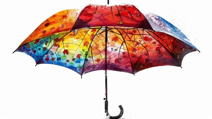 A brightly colored umbrella with a unique artistic design, showcasing personal expression amidst the spring rain.