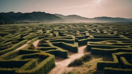 Complex Maze Solution: A 3D illustration depicting a labyrinth within a maze, symbolizing the challenge of finding success in a business strategy - obrazy, fototapety, plakaty