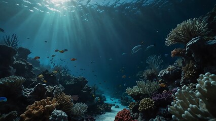 Underwater scene of vibrant coral reef teeming with fish in the Red Sea