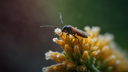 Macro image of an insect on a flower in a garden, water droplets clinging to it.