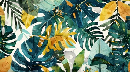 A playful watercolor collage pattern featuring various tropical leaves cut out and rearranged in a creative composition