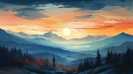 A painting of a ridge of mountains and the sun. 