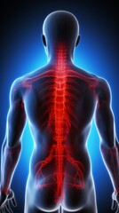A persons back highlighted in red experiencing acute pain possibly from sports injuries or overtraining 