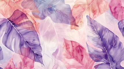 A soft and dreamlike pattern of watercolor-painted tropical leaves in pastel colors overlapping and blending seamlessly.