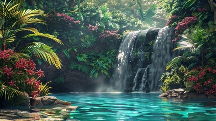 A hidden waterfall cascading into a crystal-clear pool, surrounded by lush greenery and vibrant tropical flowers blooming in the mist.