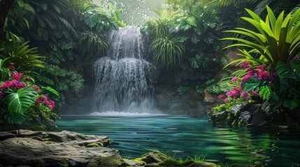 A hidden waterfall cascading into a crystal-clear pool, surrounded by lush greenery and vibrant tropical flowers blooming in the mist.