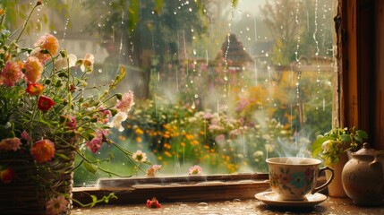 A cozy window seat overlooking a garden with blooming flowers swaying gently in the spring rain. A steaming cup of tea sits on the windowsill. - Powered by Adobe