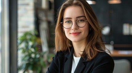 Beautiful business lady is looking at camera and smiling while working in office