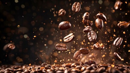 Brown roasted coffee beans falling on pile. Represent breakfast, energy, freshness or great aroma,Flying on dark background with copy space, - obrazy, fototapety, plakaty