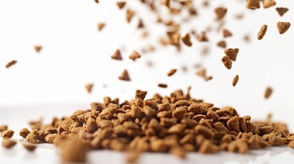 Dry cat food flies out of a bowl close-up on a white background. Isolated