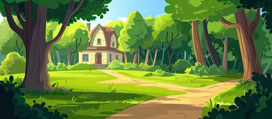 Fototapeten An artistic painting portraying a house standing in the middle of a lush forest with trees and grass surrounding it in a natural landscape © AkuAku