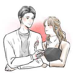 腕を組んで見つめあう男女のカップル