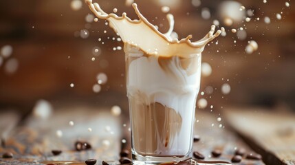Milk coffee splashed from the mouth of the glass