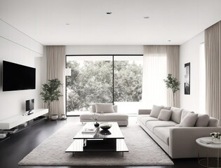 A living room with white walls, a white couch, and a white coffee table.