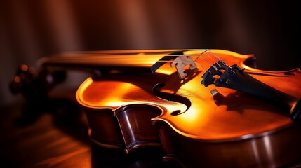 The strings and bow of a violin in closeup, with a blurred background of sheet music