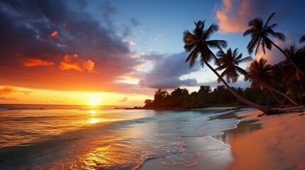 A sunrise over a tropical beach with palm trees and waves
