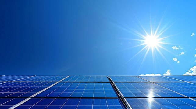Solar panels against blue sky background.Against The Deep Blue Sky in a suny weather