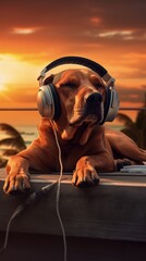 A dog with headphonesis lying on the roof traveling at the beach - obrazy, fototapety, plakaty