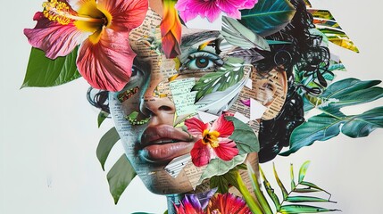"Floral Fusion: A Vivid Tapestry of Blooms and Paper Pieces Weaving a Woman's Gaze into Nature's Heart.