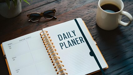 A wooden desk with a spiral bound notebook . The notebook is open to a page with a to-do list. A cup of coffee, a pair of sunglasses, and a plant are also on the desk.