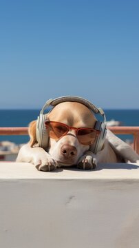 A dog with headphonesis lying on the roof traveling at the beach