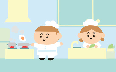 Chef are cooking in kitchen.