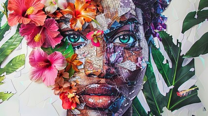 "Floral Fusion: A Vivid Tapestry of Blooms and Paper Pieces Weaving a Woman's Gaze into Nature's Heart.