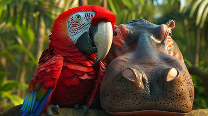 A red and blue parrot is sitting on a branch next to a large brown hippo