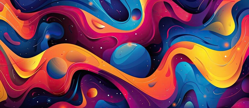 A vibrant abstract painting featuring swirls of magenta and electric blue paint, creating an organismlike pattern with graffiti font elements in shades of purple