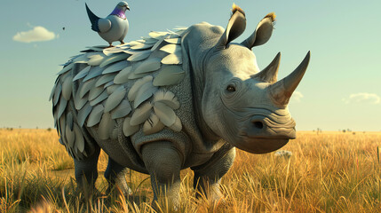 A rhino with a bird on its back - obrazy, fototapety, plakaty