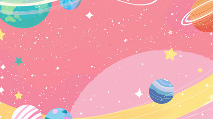 Whimsical depiction of bright, colorful planets scattered across pink outer space, ideal banner with blank space