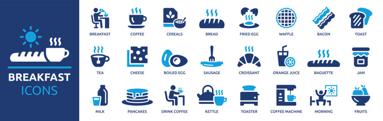 Breakfast icon set. Containing coffee, bread, tea, cereals, jam, milk, orange juice, morning and more. Solid vector icons collection.