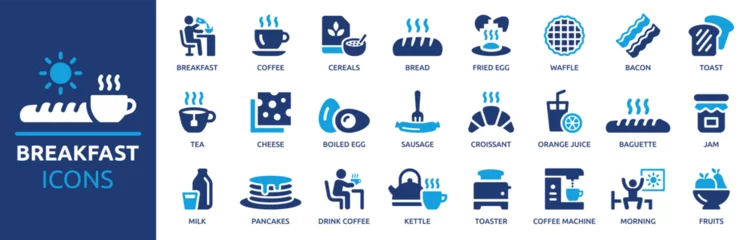 Selbstklebende Fototapeten Breakfast icon set. Containing coffee, bread, tea, cereals, jam, milk, orange juice, morning and more. Solid vector icons collection. © Icons-Studio