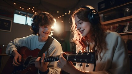 Teenage boy and girl recording music at their home studio with guitar - obrazy, fototapety, plakaty