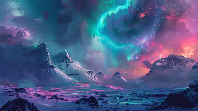 A luminous aurora dancing across an alien sky, painting it with vibrant hues
