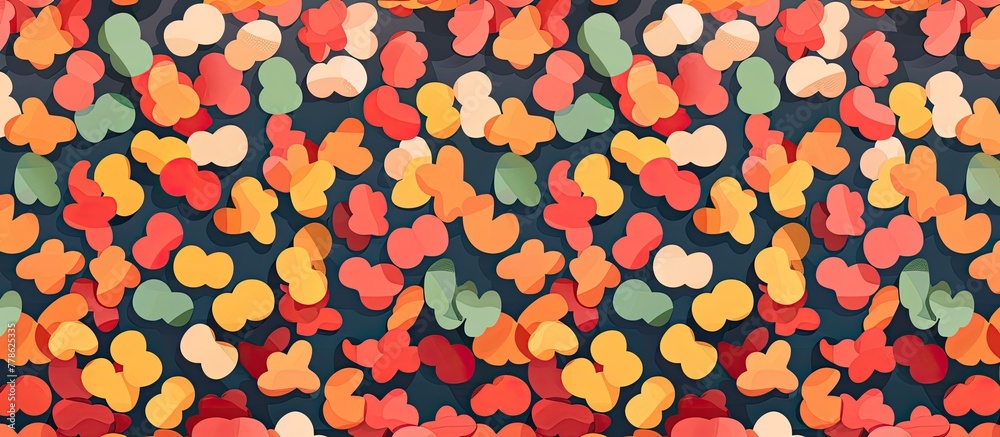 Poster a bunch of colorful hearts on a dark blue background . High quality