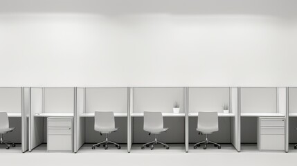 White walls and desks create a minimalist cubicle arrangement
