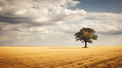 Fototapeta premium A lone tree standing in a vast field of ripe wheat under a sunny sky