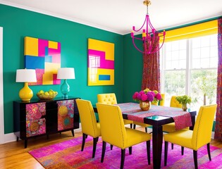 A dining room with a yellow and pink color scheme.