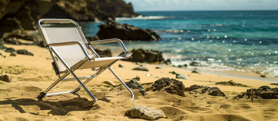 A beach chair is sitting on the sand near the water