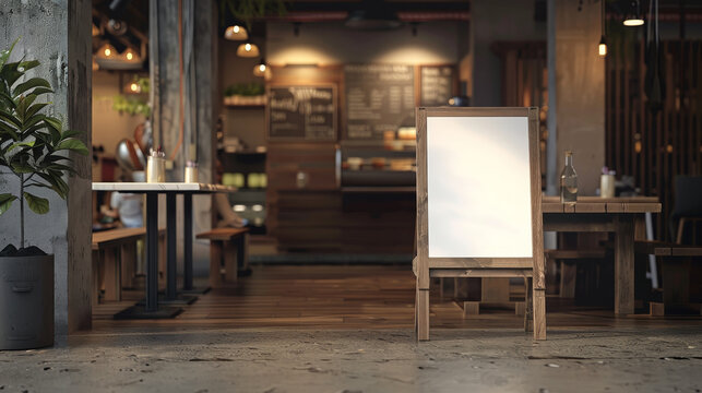 Blank billboard in front of coffe shop, mockup sign for advertising promotion